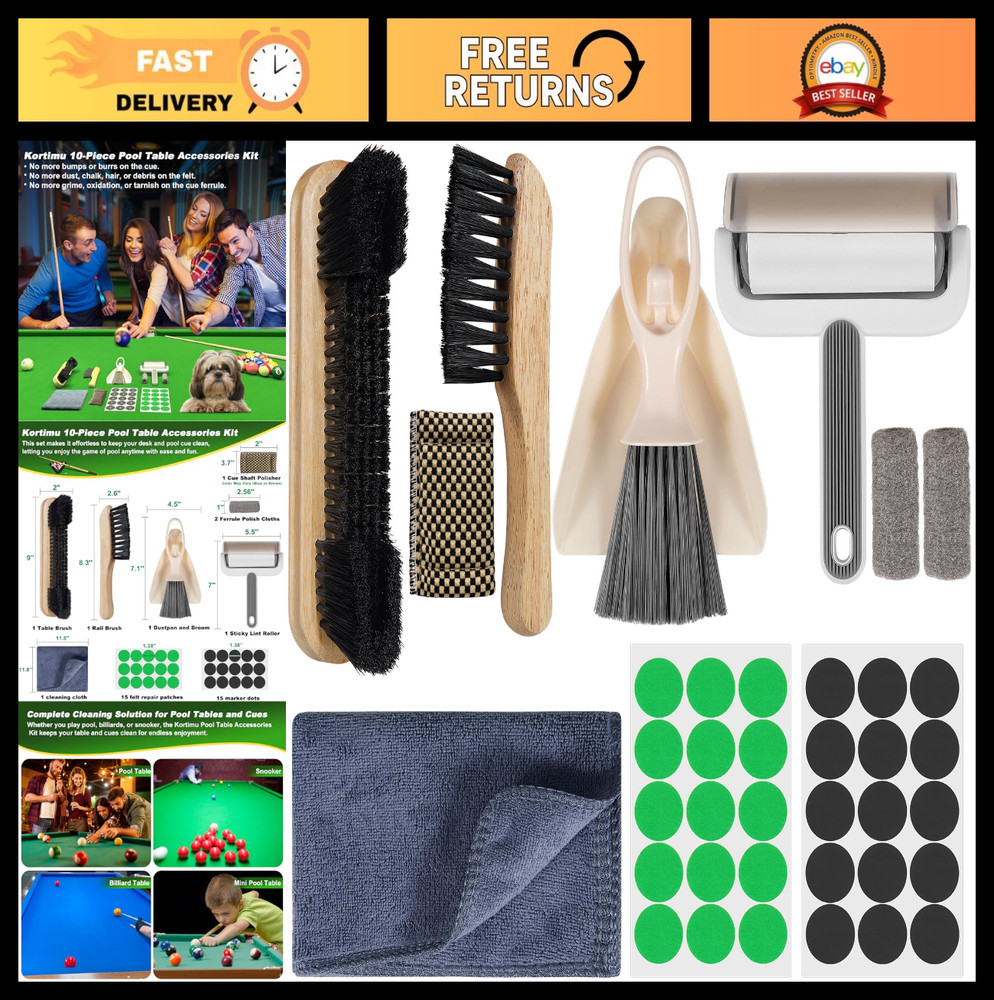 Complete Billiard Pool Table Accessories Kit - 10 Piece Set with Brushes, Cloths