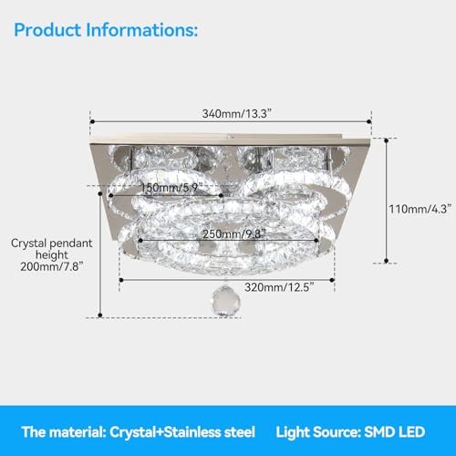 Modern 5-Ring Crystal Ceiling Light, 13.3" Dimmable LED Flush WCY Dimmable