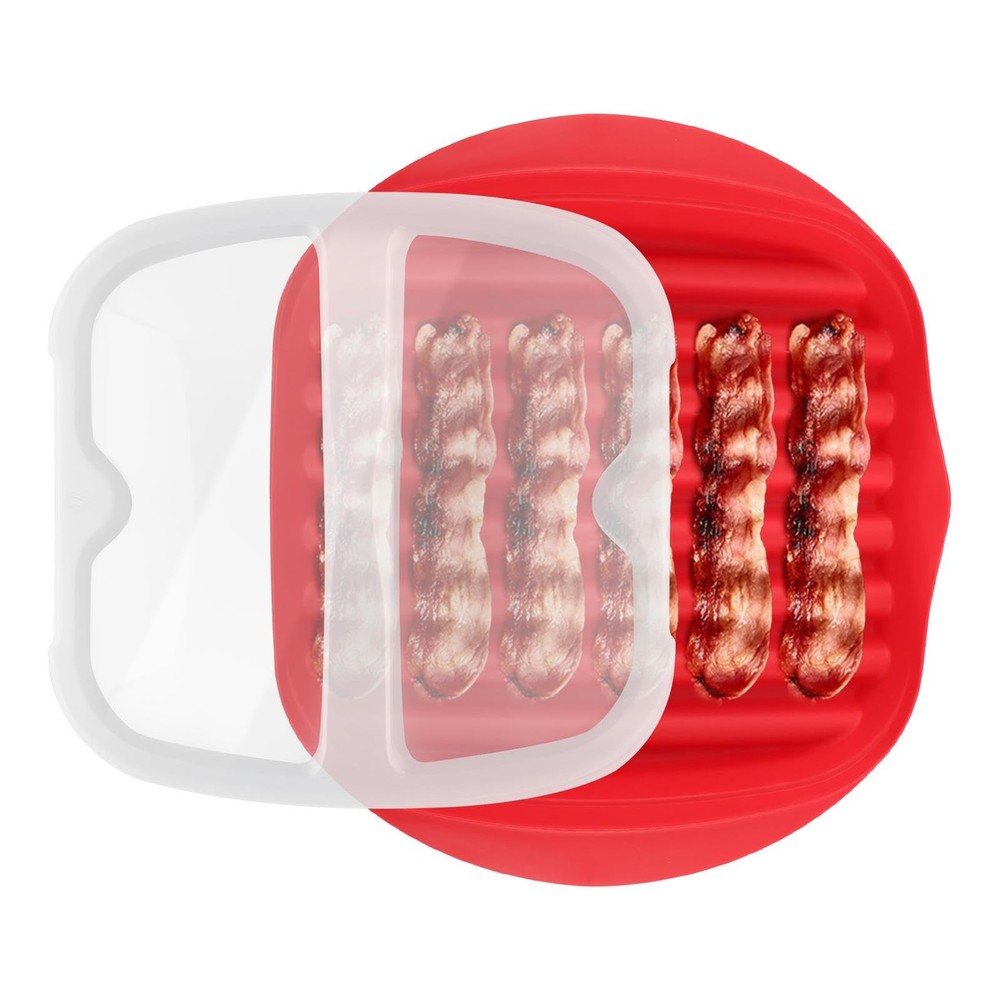 Microwave Bacon Tray with Splatter Lid, Bacons Rack, Easy Red