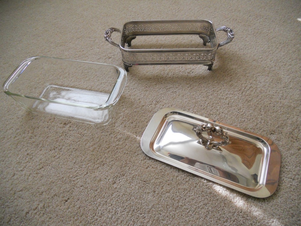 Silverplate Rectangular Platter Tray with Lid and 1.5 Qt Pyrex Glass Insert
