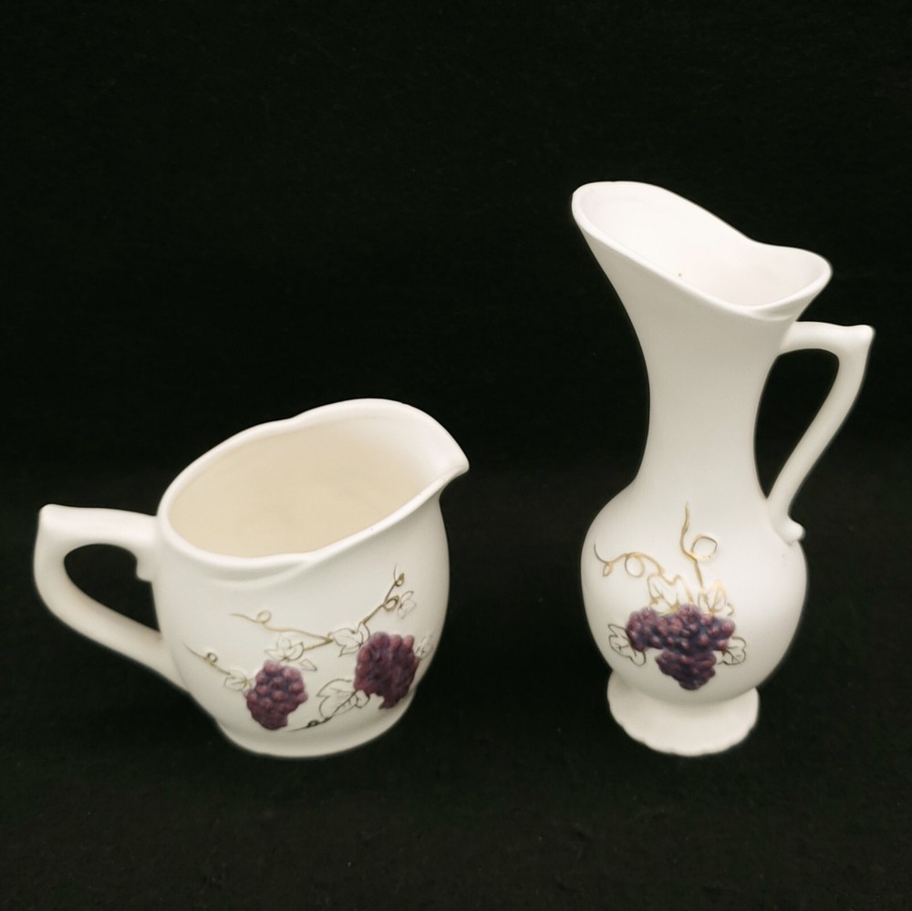 Vintage 2 Napco Bone White Ceramic Pitchers Grape Vine