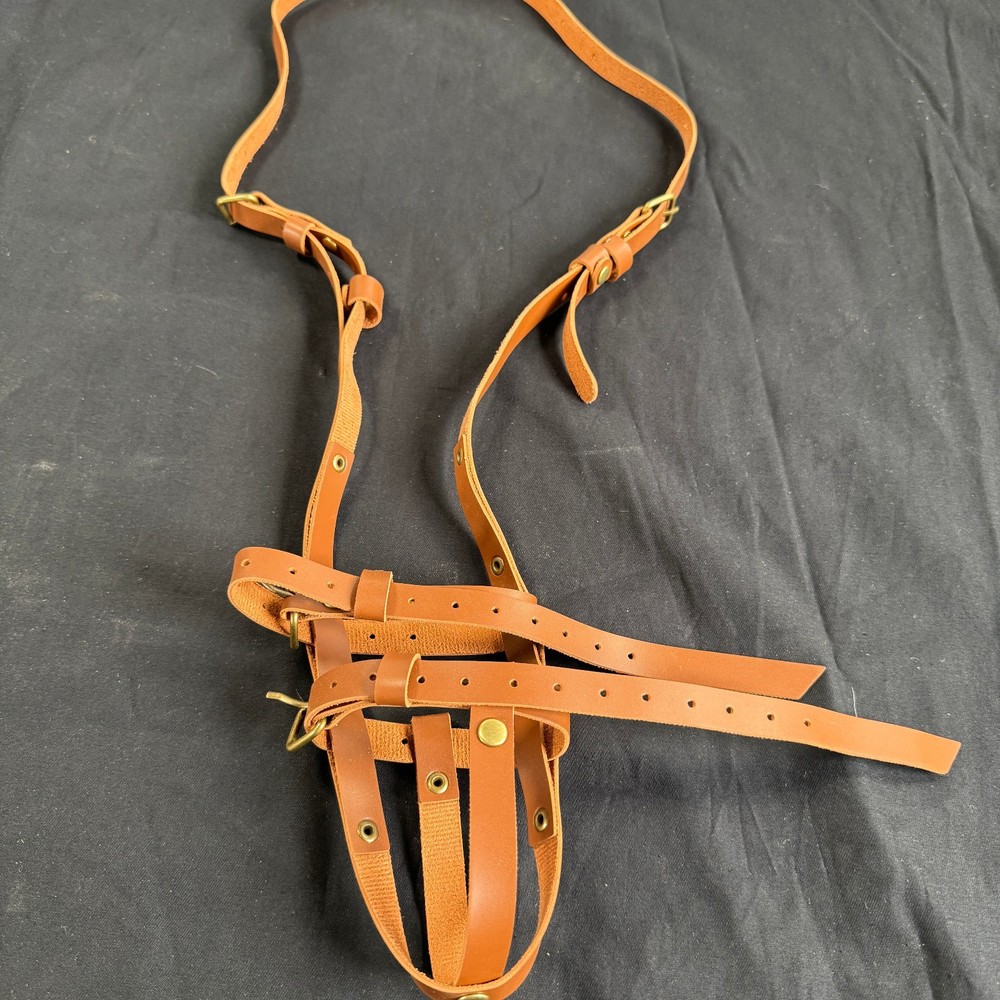 Leather Basket Dog Muzzle Adjustable Brown Brass Hardware Medium-Large Size