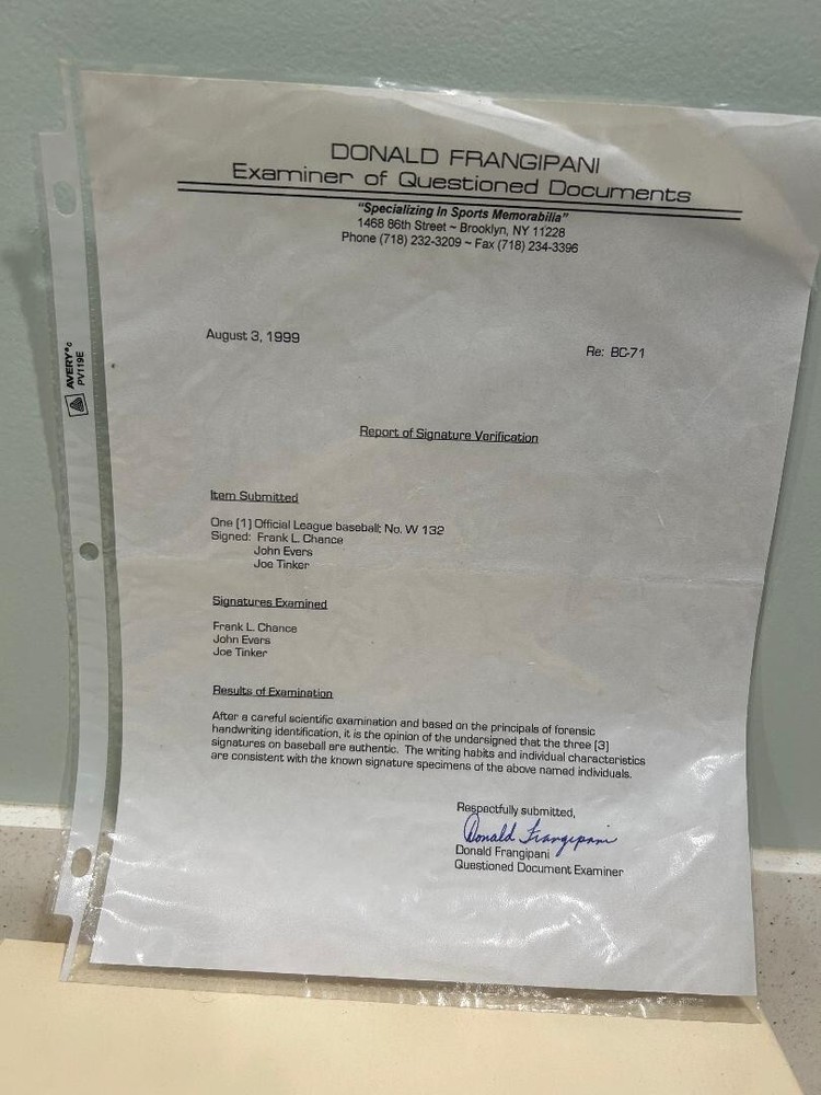 Tinker, Evers, Chance autographed ball! COA, please read