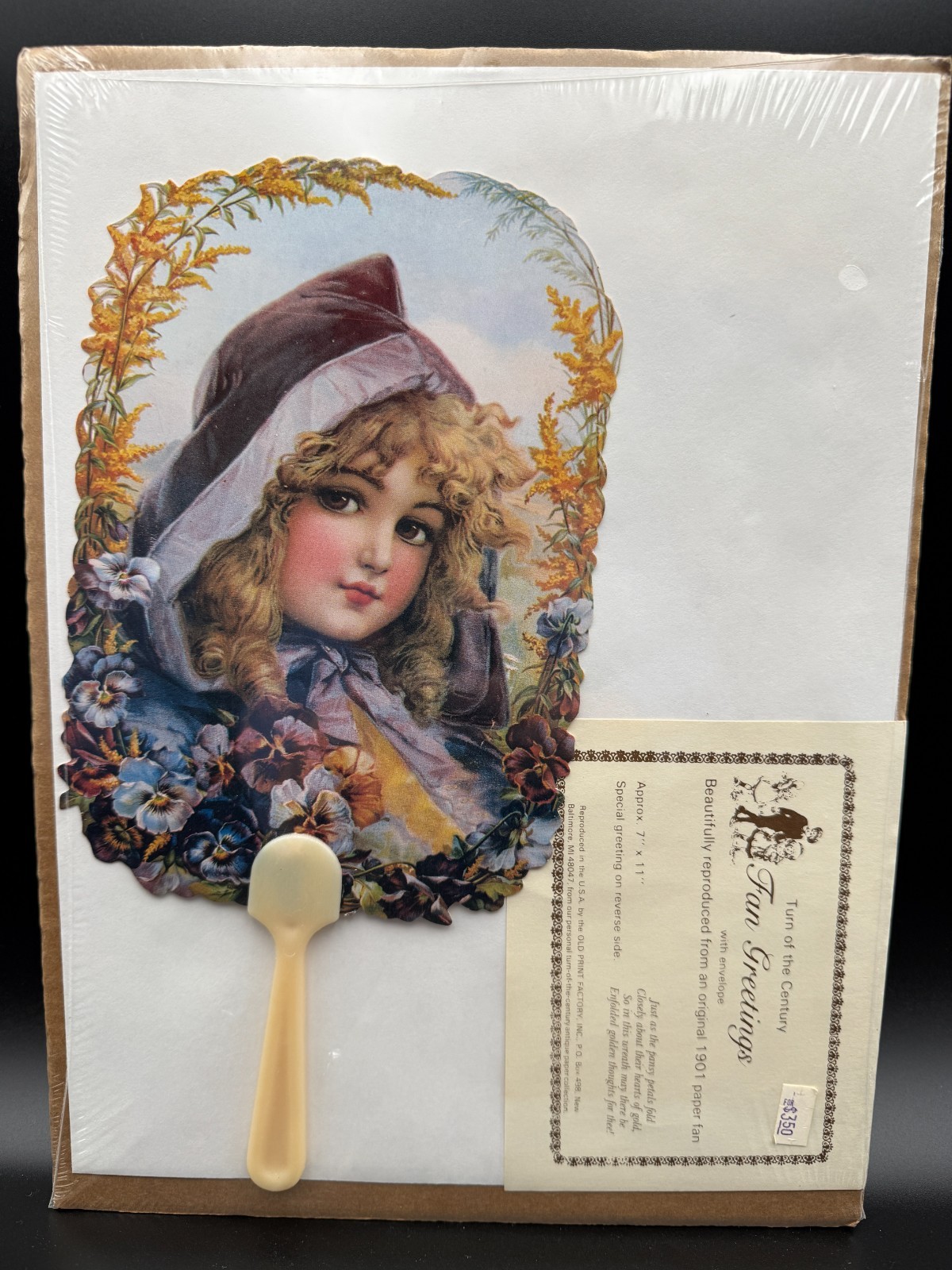 Vtg Old Print Factory Repro 1901 Paper Fan Victorian Girl Turn of the Century