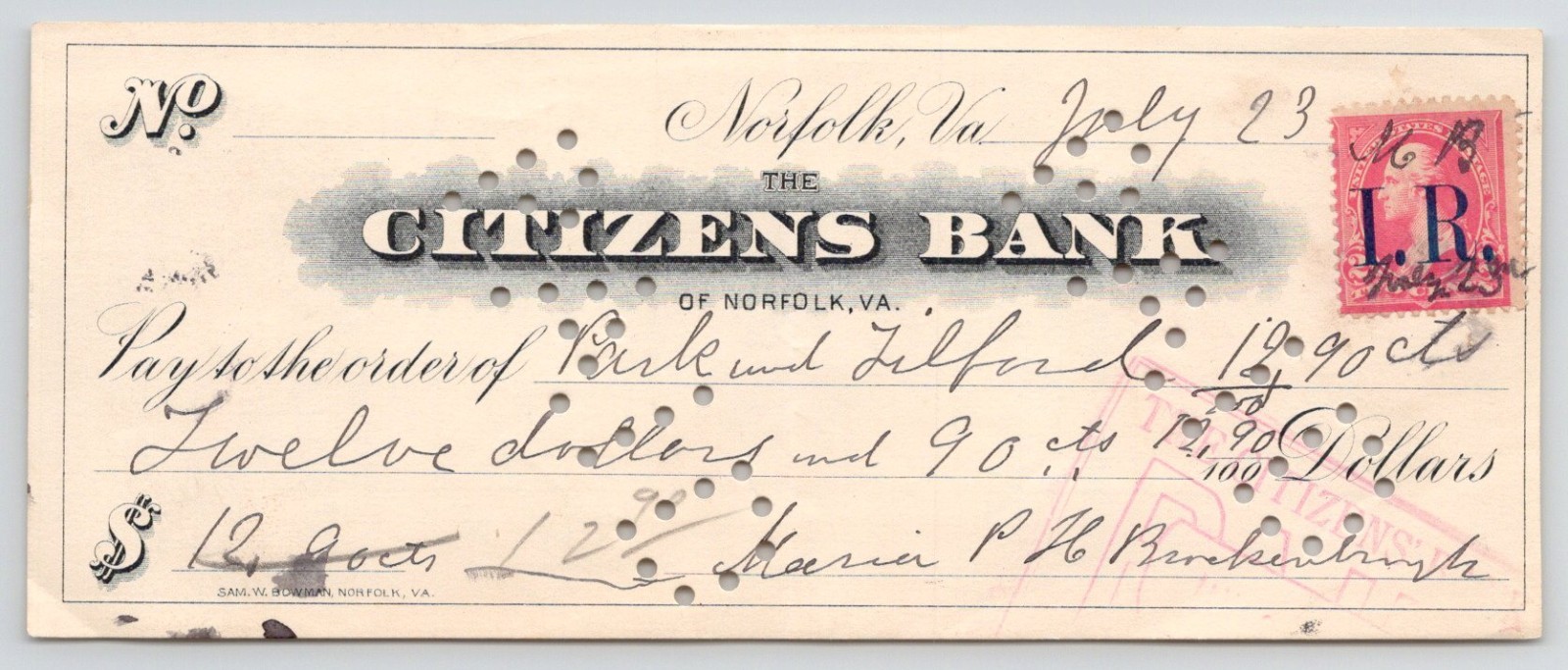 1898 Citizens Bank Norfolk VA  Revenue Stamp