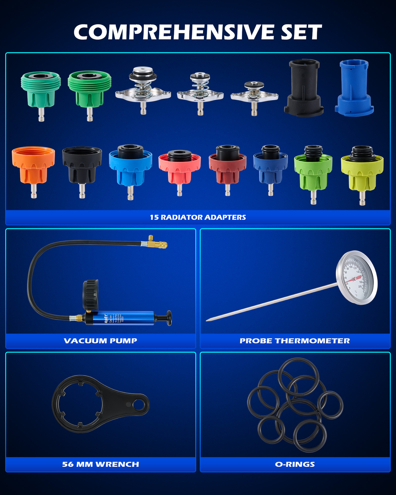 OMT 19pc. Coolant Pressure Tester Kit with 15 Radiator Adapters & Vacuum Pump