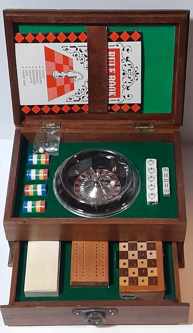 Vintage Wooden Medieval Knight Casino Game Set Roulette Wheel, Poker Chips, Dice