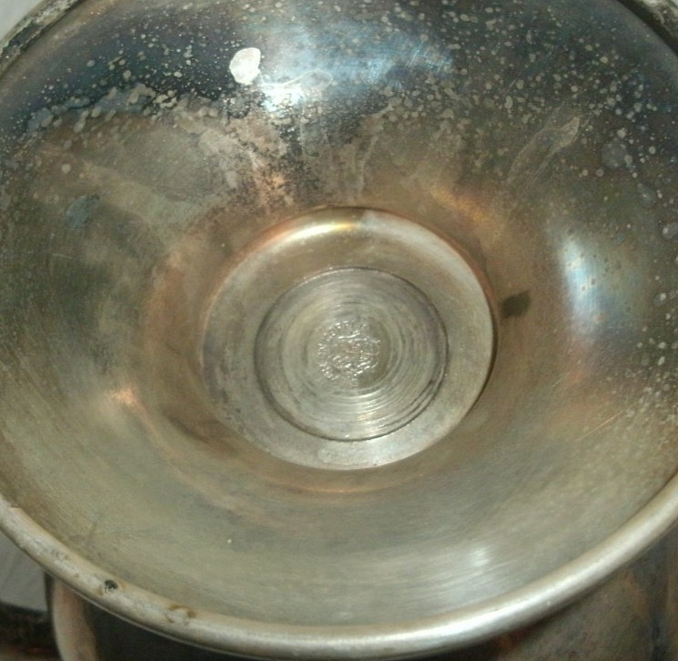 VINTAGE SILVER ON COPPER PITCHER, ENBLEM ON BOTTOM, 9 1/2" TALL