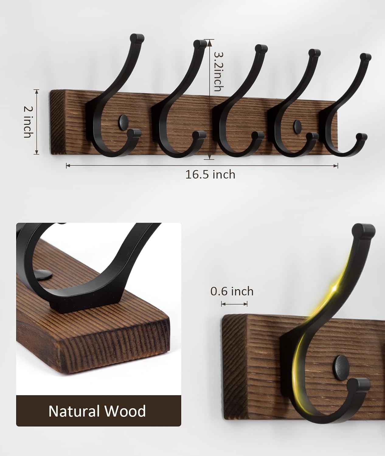 Coat Rack Wall Mount, 16.5 Inches Wood Coat Hooks Wall Mount, Wall Coat Rack wit