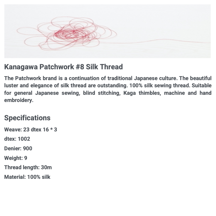 Kanagawa Patchwork #8 Silk Thread, 23 dtex 16x3, 30m, 8 Stunning Patterns