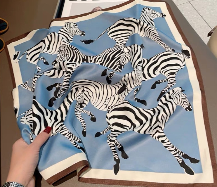 100% Silk  Mulberry Bandanna Shawl Blue zebra Print 21'' Neckerchief Scarf wrap