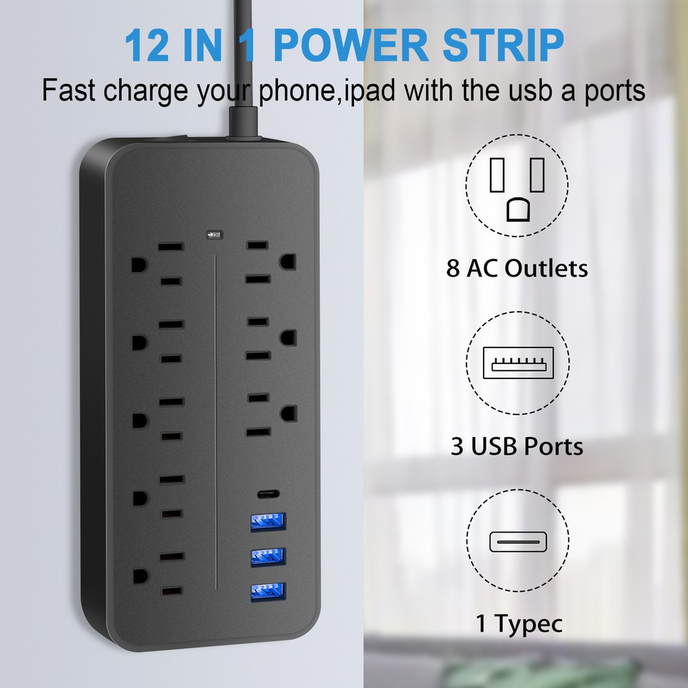 4/8 Outlet Wall Mountable USB Surge Protector Power Strip USB Ports Type C Plugs