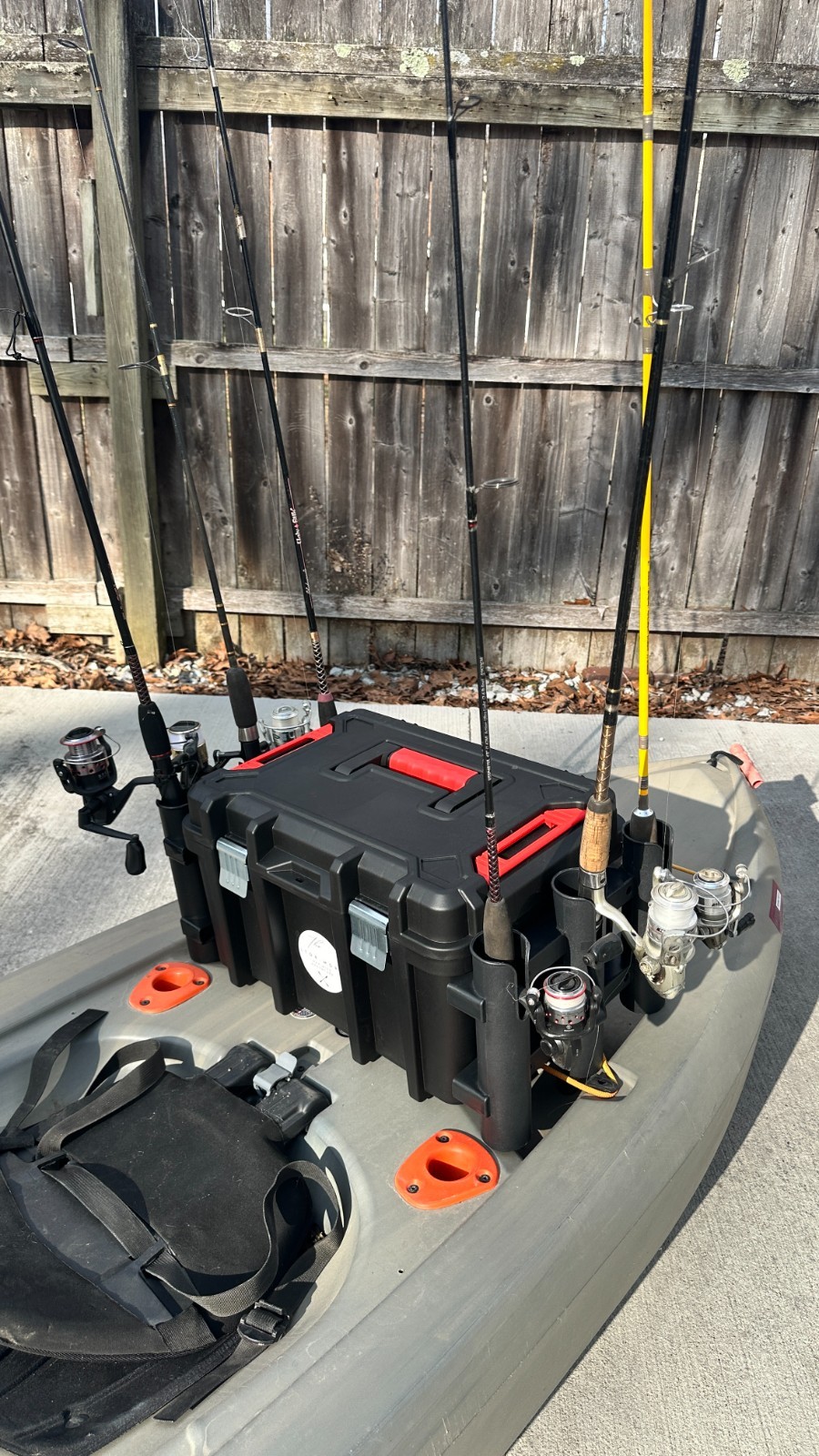 Kayak Fishing Crate -6 Integrated Rod Pole Holders, Tackle Box Storage, Lockable