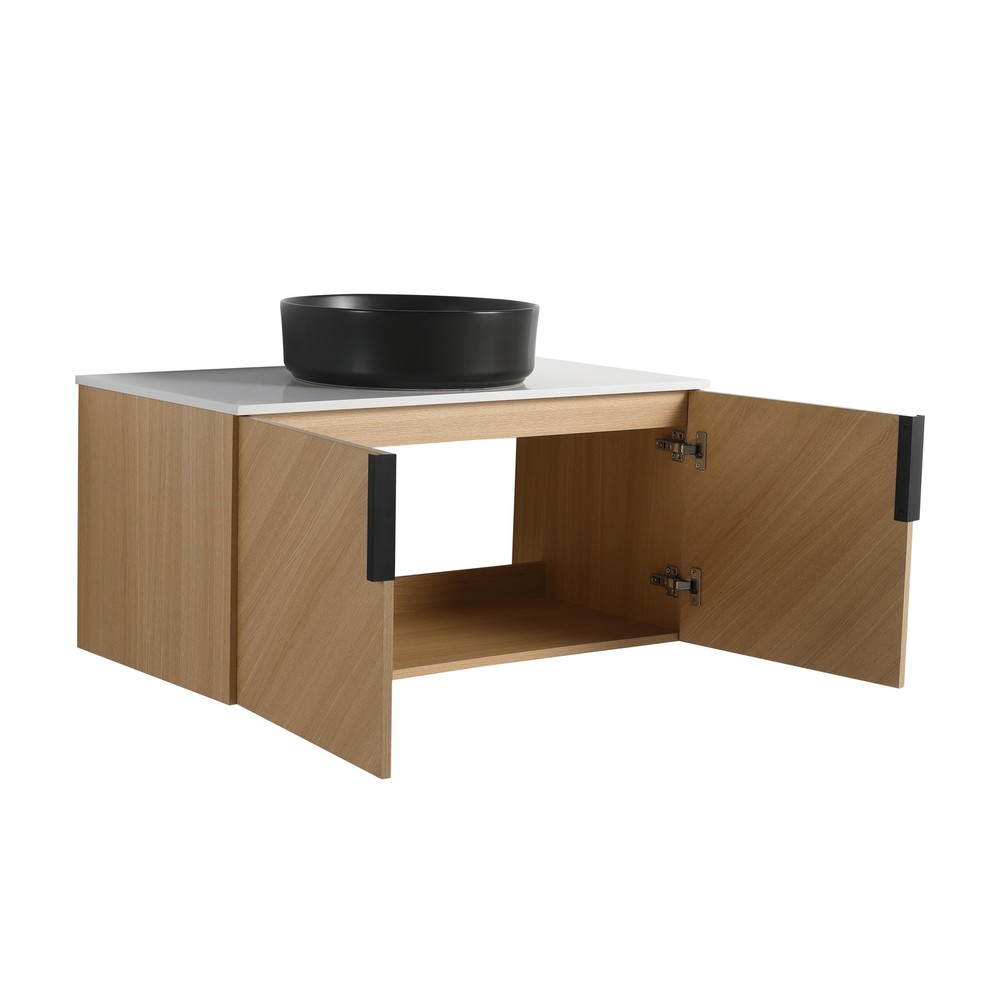 36" Wood Wall-Mounted Bathroom Vanity +Black Ceramic Sink Artificial Stone Slab