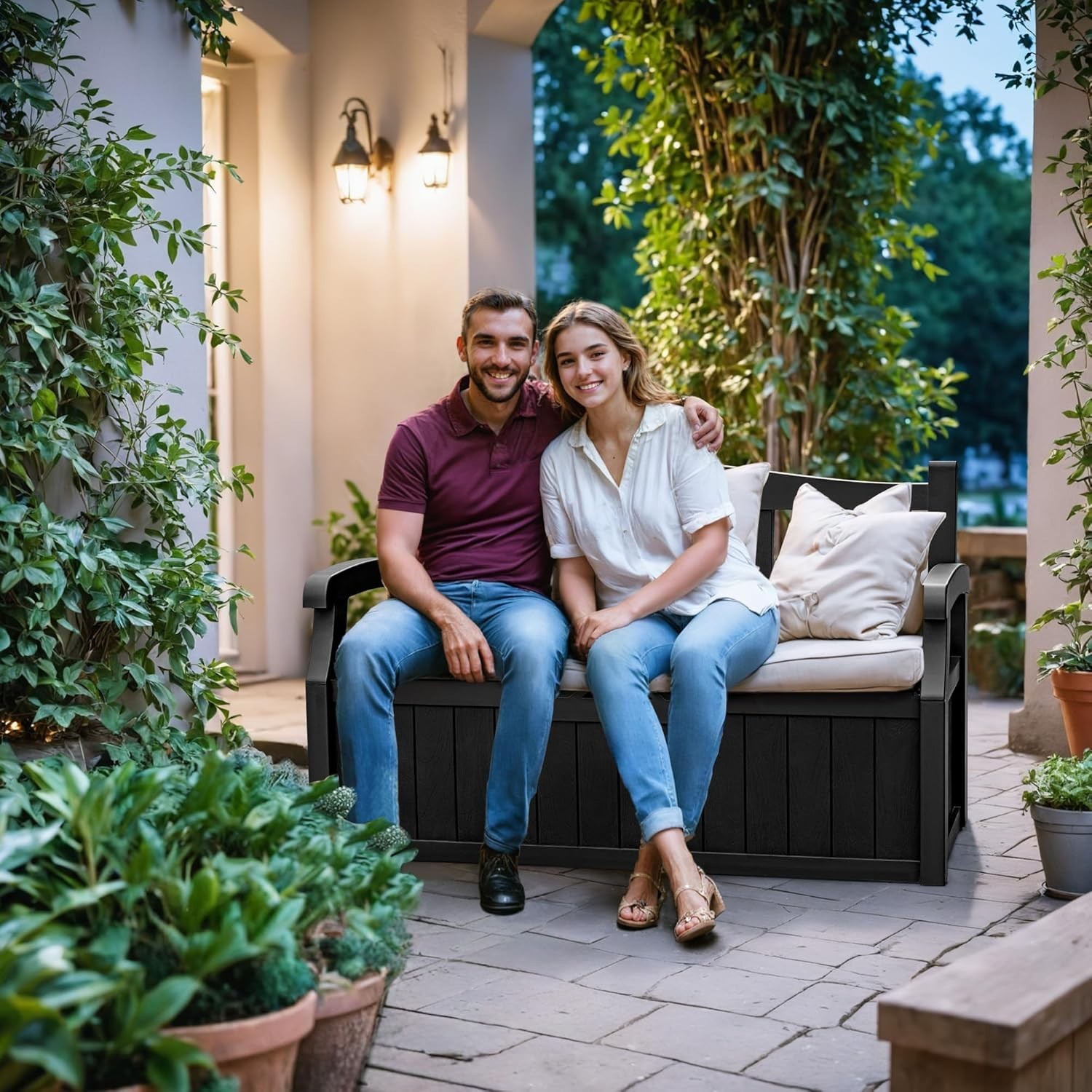 80 Gallon Lockable Storage Bench Outdoor Patio Furniture Garden Tool Box Black