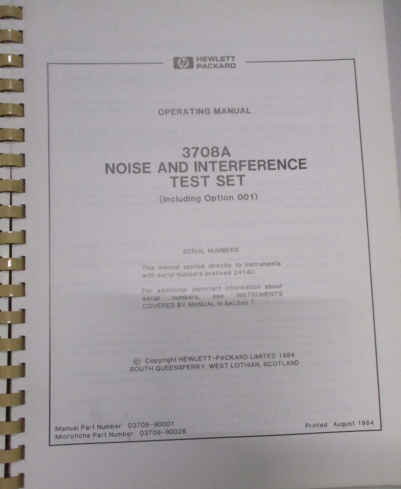 HEWLETT PACKARD 3708A NOISE & INTERFERENCE TEST SET OPERATING MANUAL