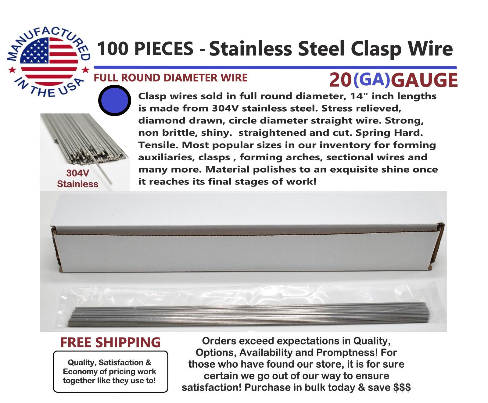 14 inch FULL ROUND Dental Stainless Steel Clasp Wire - 20 (GA) Gauge -100 Pieces