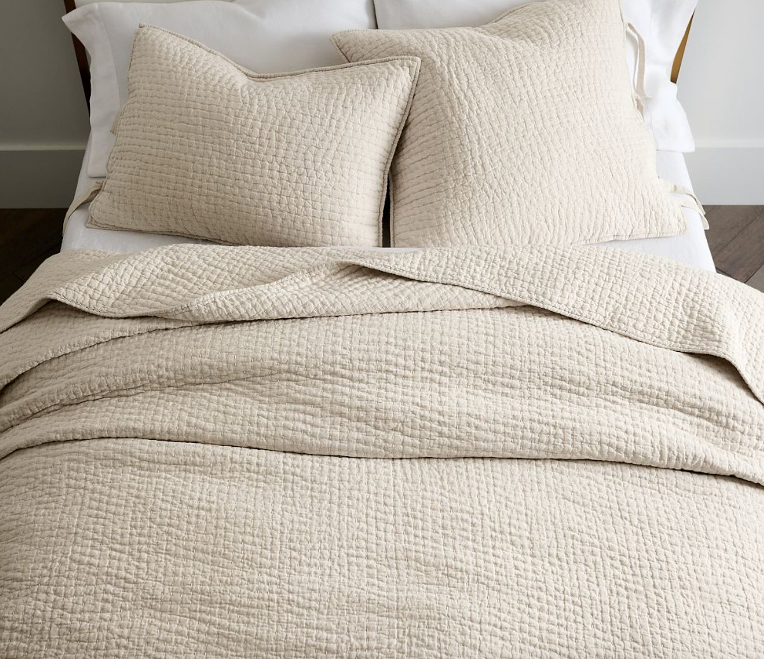 Pottery Barn FLAX Pick Stitch Handcrafted Cotton Linen Quilt Full / Queen Sz NEW