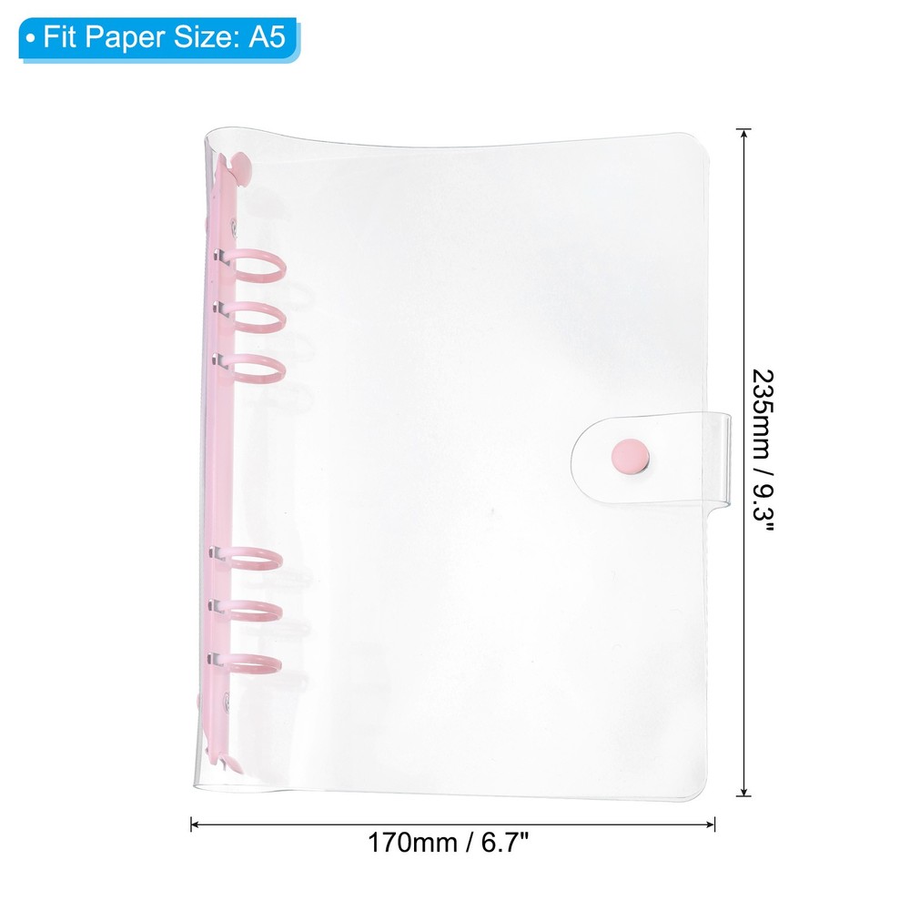 Soft PVC A5 Clear Binder Cover with Snap Button Closure 6 Ring, Pink