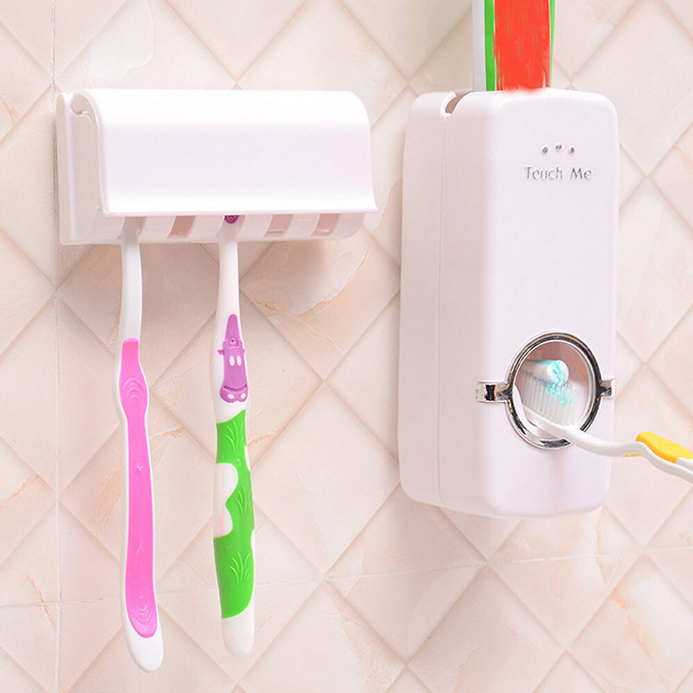 Automatic Toothpaste Dispenser + 5 Toothbrush Holder Set Wall Mount Stand 2 Sets