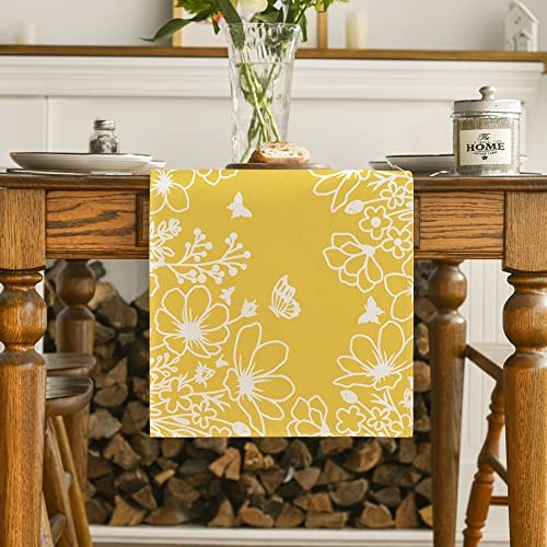 Bloom Flowers Butterfly Spring Table Runner, 13" x 72", Table Runner Yellow