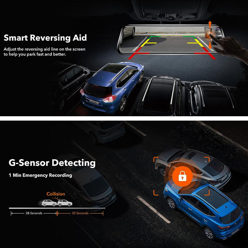 WOLFBOX 10" Smart Car DVR Camera Rear View Backup Mirror Dash Cam GPS navigation