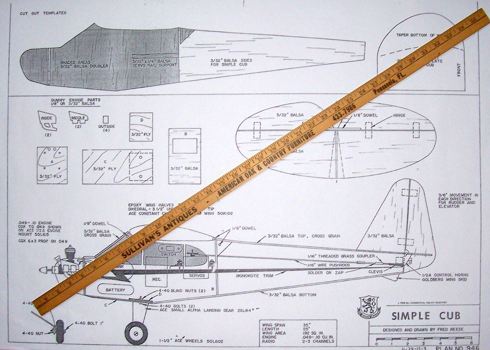 SIMPLE CUB PLAN + RCM CONSTRUCTION ARTICLE for a 1/2A Foam Wing Model Airplane