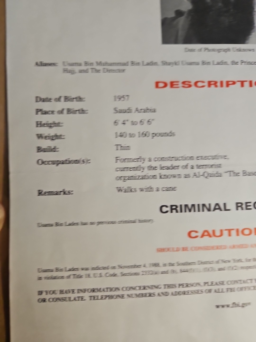 Original USAMA BIN LADEN FBI wanted Poster 3-29-99