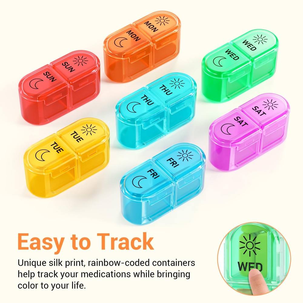 Weekly Pill Organizer AM PM - 7 Color-Coded Cases for Vitamins Supplements