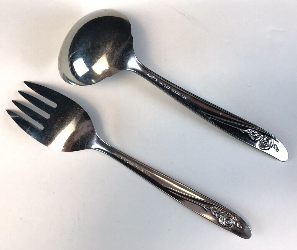 Oneida Roseanne Serving Ladle Spoon / Cold Meat Fork Stainless Flatware 2 Pieces