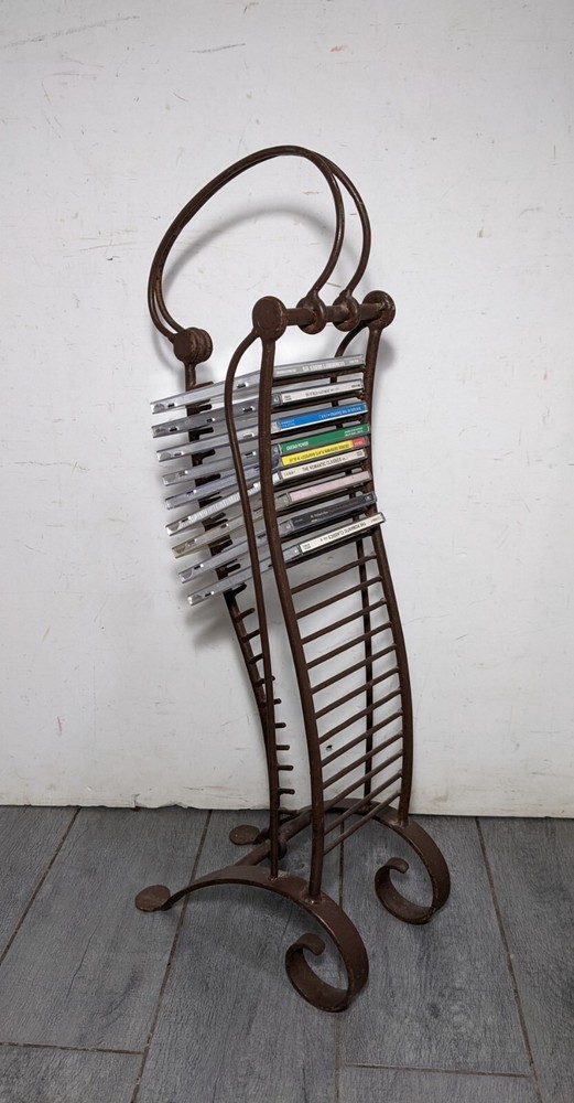 Vintage Rustic Wrought Iron Sculptural CD Storage Display Rack Stand Handle