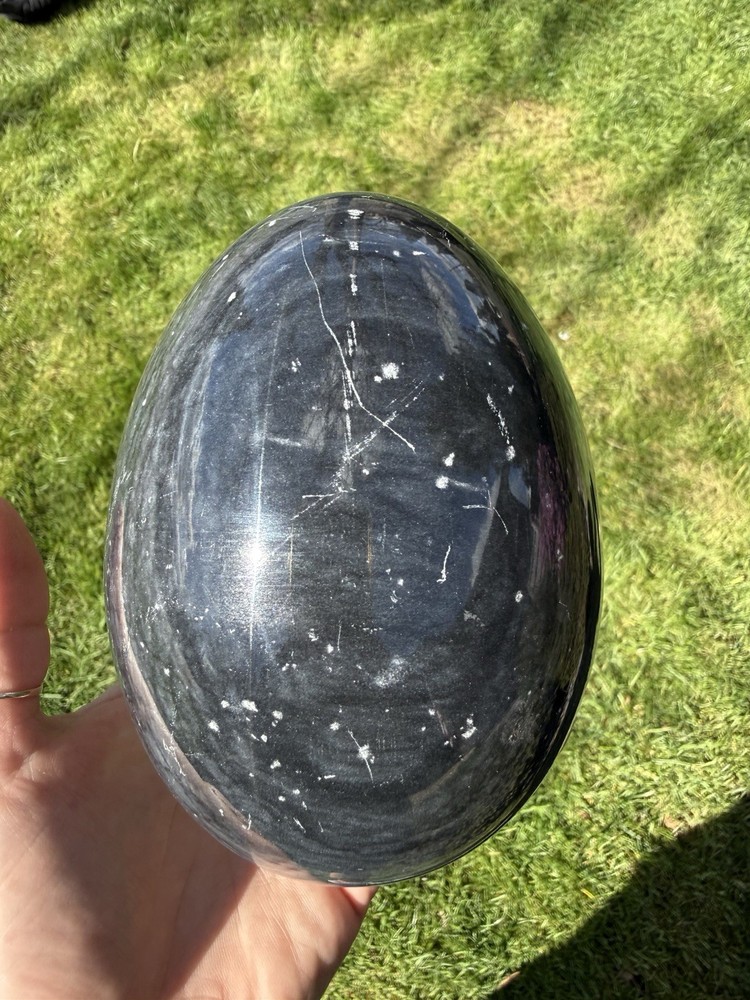 Large Gray Black Heavy Stone Polished Egg 6” With Brass Base
