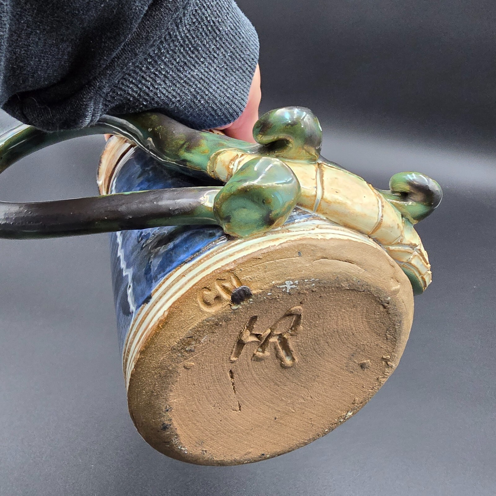 Studio Art Pottery Dragon Mug Stein Cup Large Artist Signed CM HR 7" tall