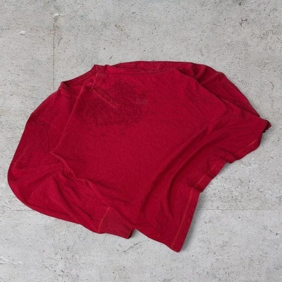 Mens vintage Red graphic faded thermal waffle knit grunge Y2K Henley LongsleeVe