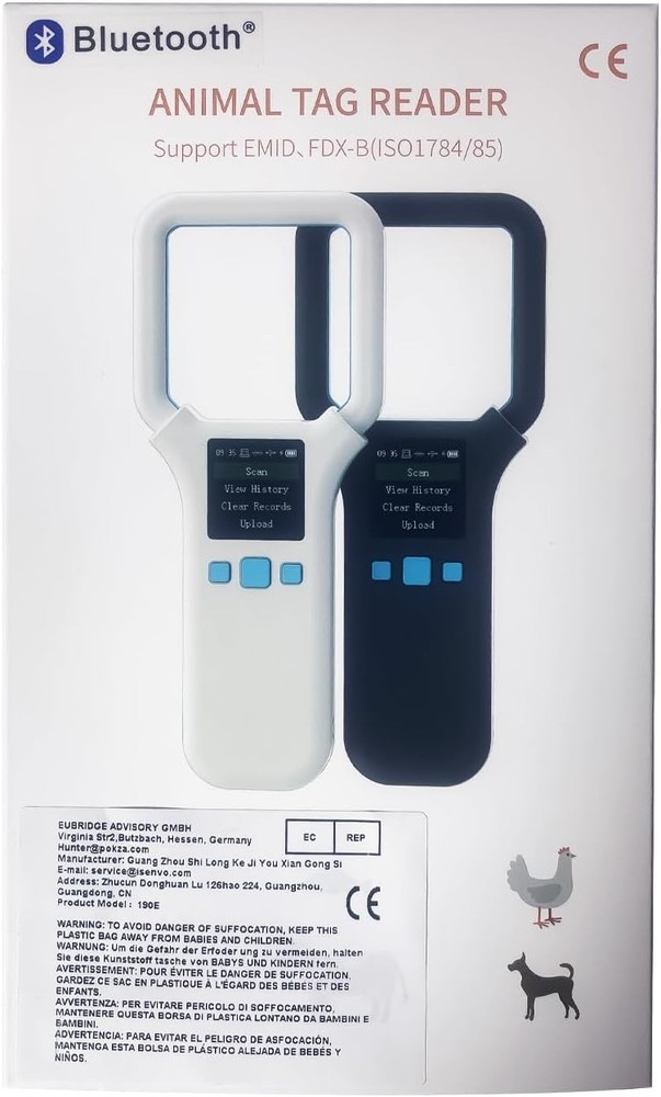 AR190E Bluethooth Pet Microchip Scanner, Wireless Handheld RFID Animal Reader, 1