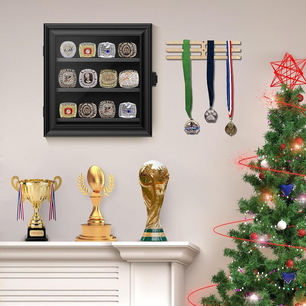 Championship Ring Display Case, 12 Ring Posts Baseball Ring Holder, Wall Moun...