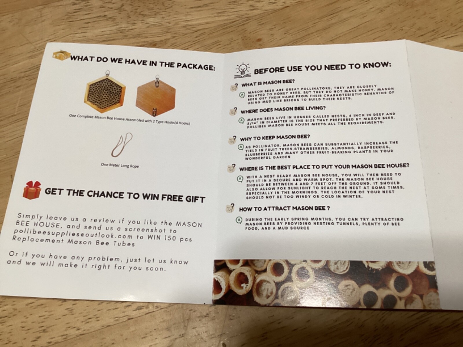 Mason Bee House - Handmade Natural Wooden Bee Hive Coated with Wax for Water