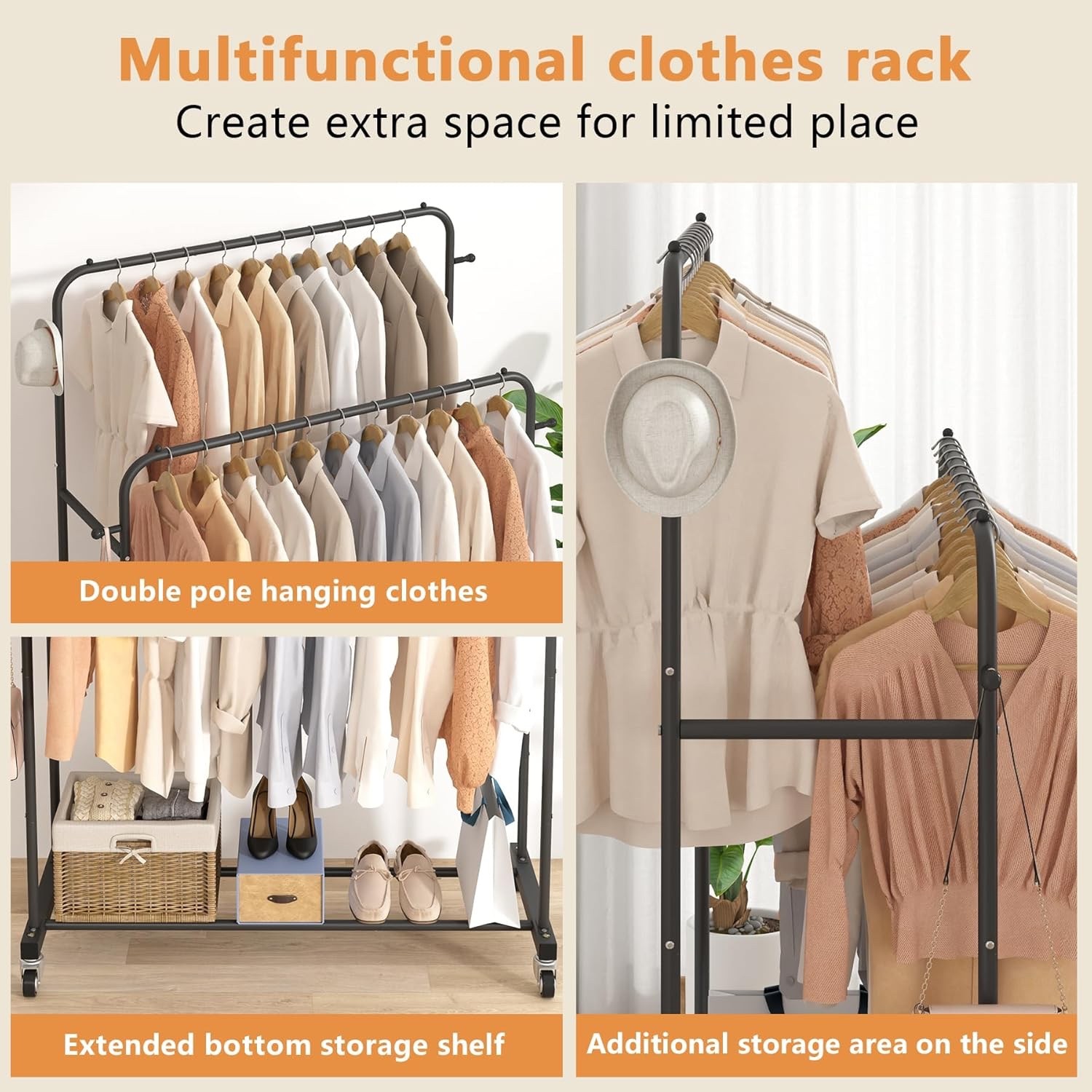 Laiensia Double Rods Garment Rack with Wheels, Clothing Rack for Hanging Clothes