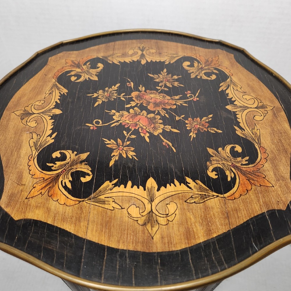 French Side Table W/ Handpainted Ebonized Top Metal Edging Ormolu Accent Antique