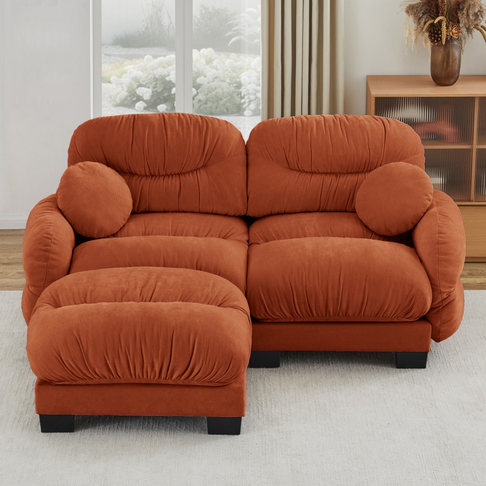 Orange L-Shape Sectional Sofa w/ Ottoman & Throw Pillows, Modular Chenille Couch