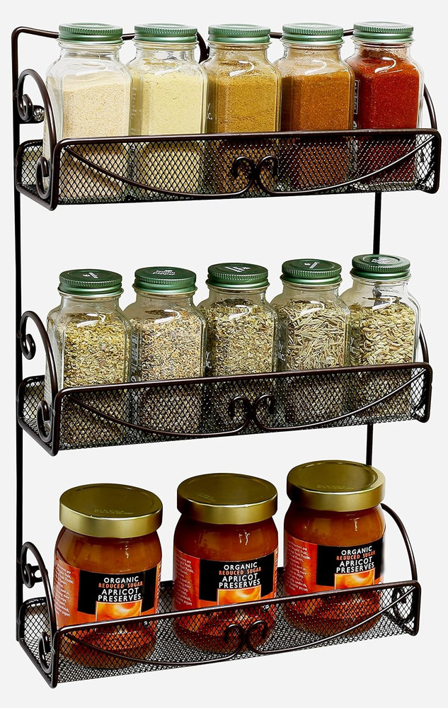 3 Tier Wall Mounted Hanging Spice Rack, Bronze