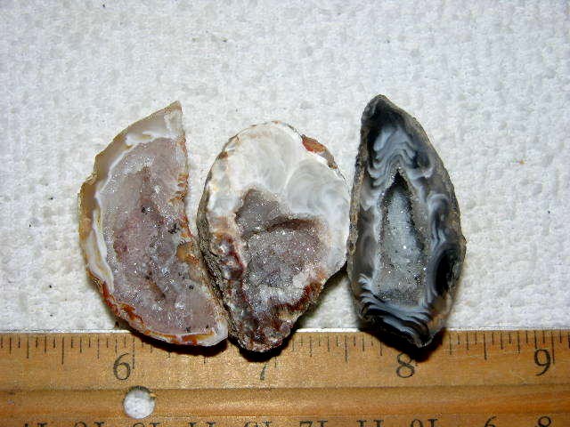 3 Agate geode halves cut & polished with druzy centers W1