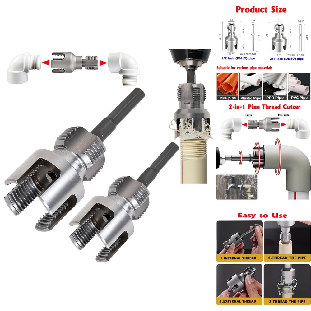 PVC Pipe Threader Kit NPT 1/2 3/4 1 Internal External Threading Tool Drill Mount