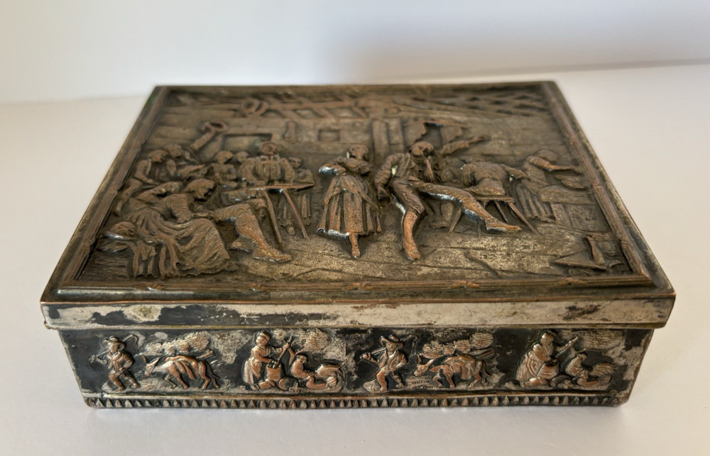 Antique E.G. Webster & Son Silverplate Cigarette Box Repoussé Tavern Scene