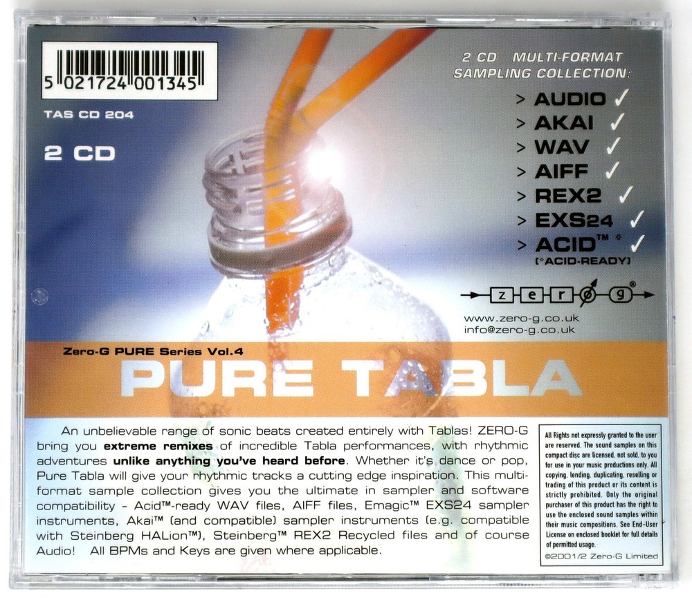 Zero-G Pure Tabla Akai Rex EXS24 Acid Audio Format Sound Library/Sampling 2 CD