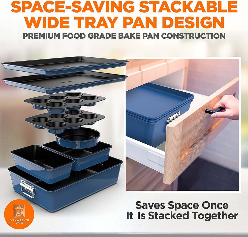 Nutrichef NCBKSTK9 8Pc Stackable Carbon Steel Bakeware-Blue