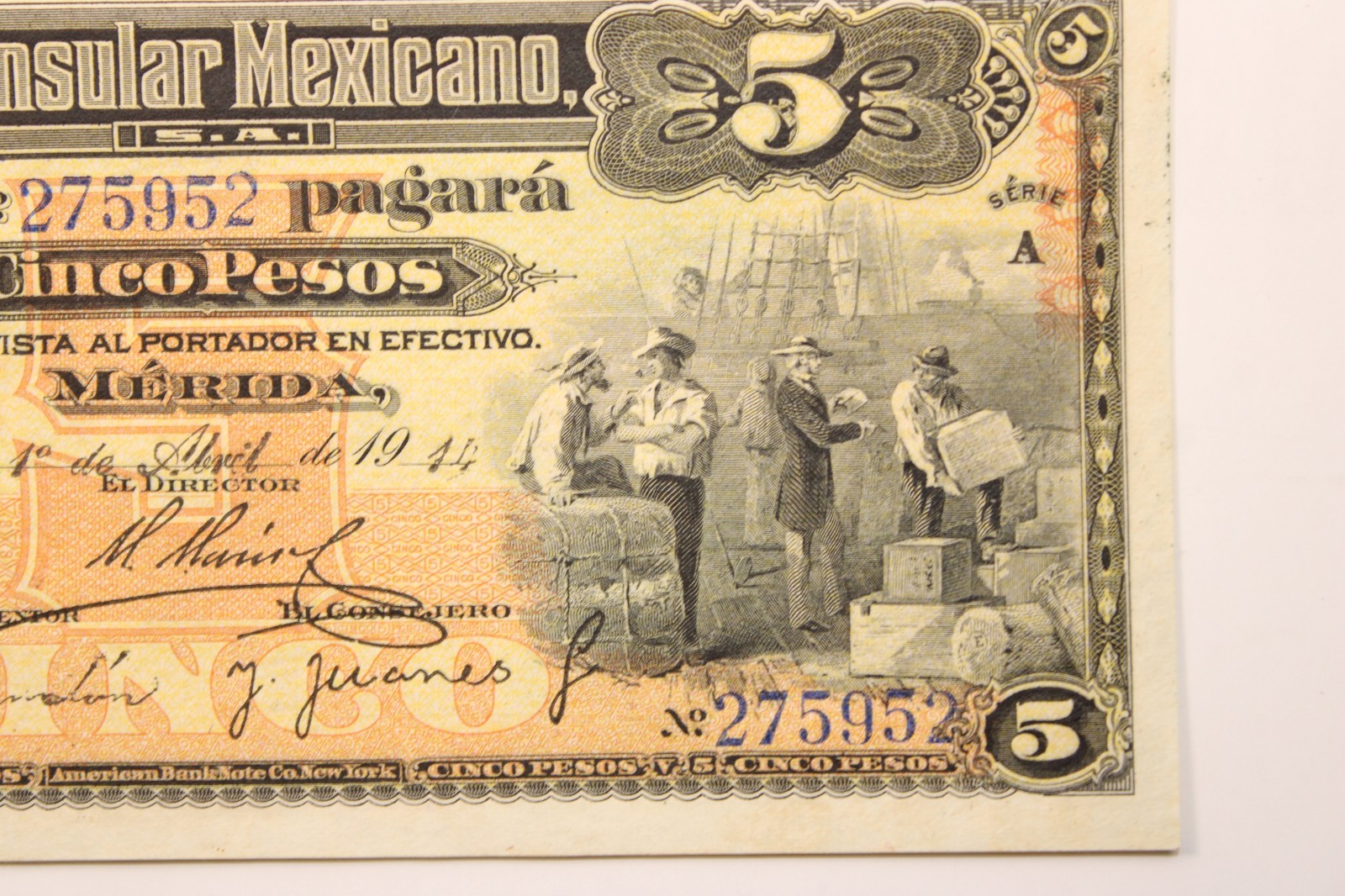 Yucatan Peninsular Mexicano Bank Note S465a 1914 Mexico 5 Peso . AU # 0400