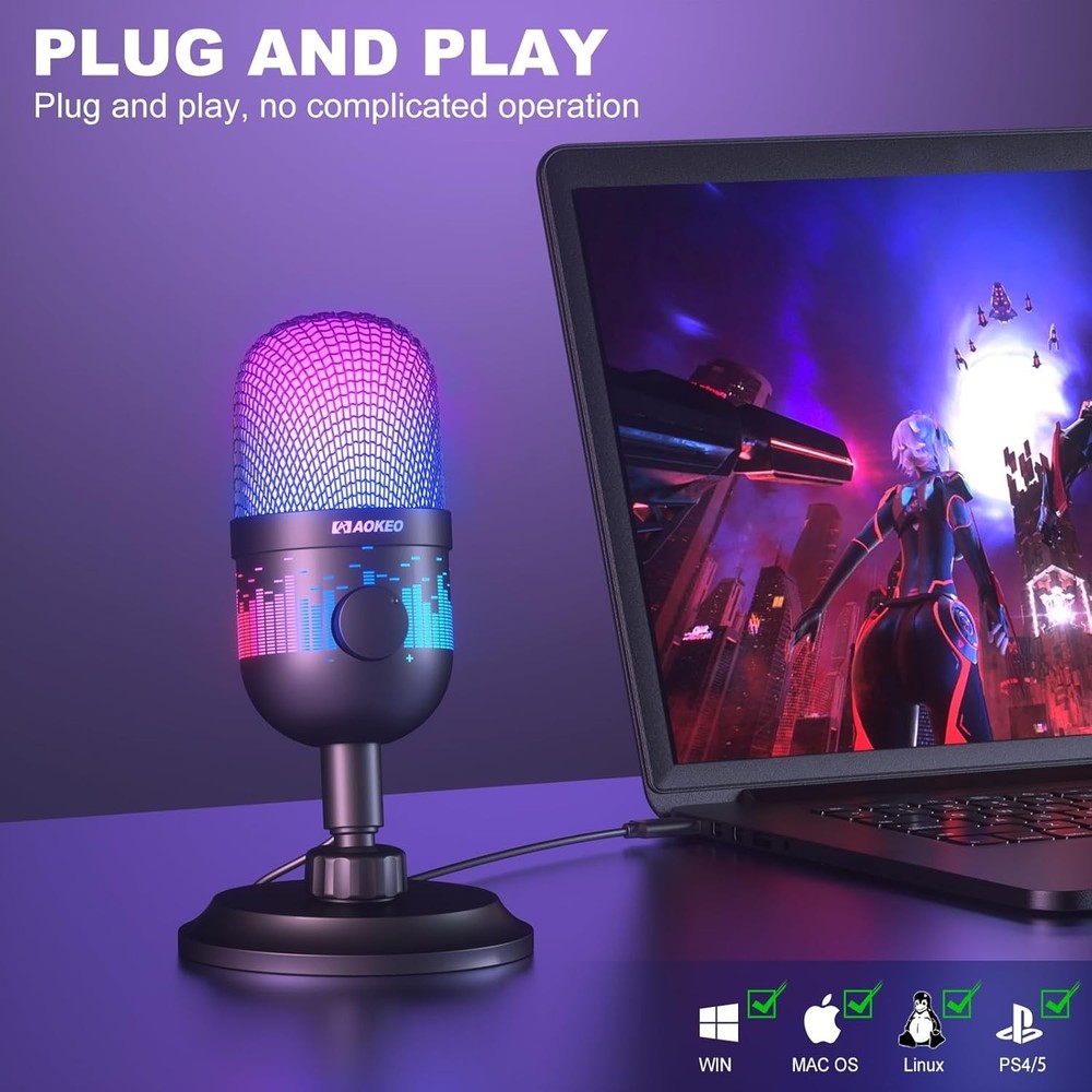Multi-Device USB Condenser Microphone with Background Noise Reduction & RGB
