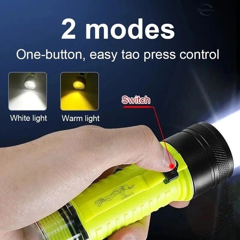 Professional Diving Flashlight Rechargeable Underwater Torch White&Yellow Light