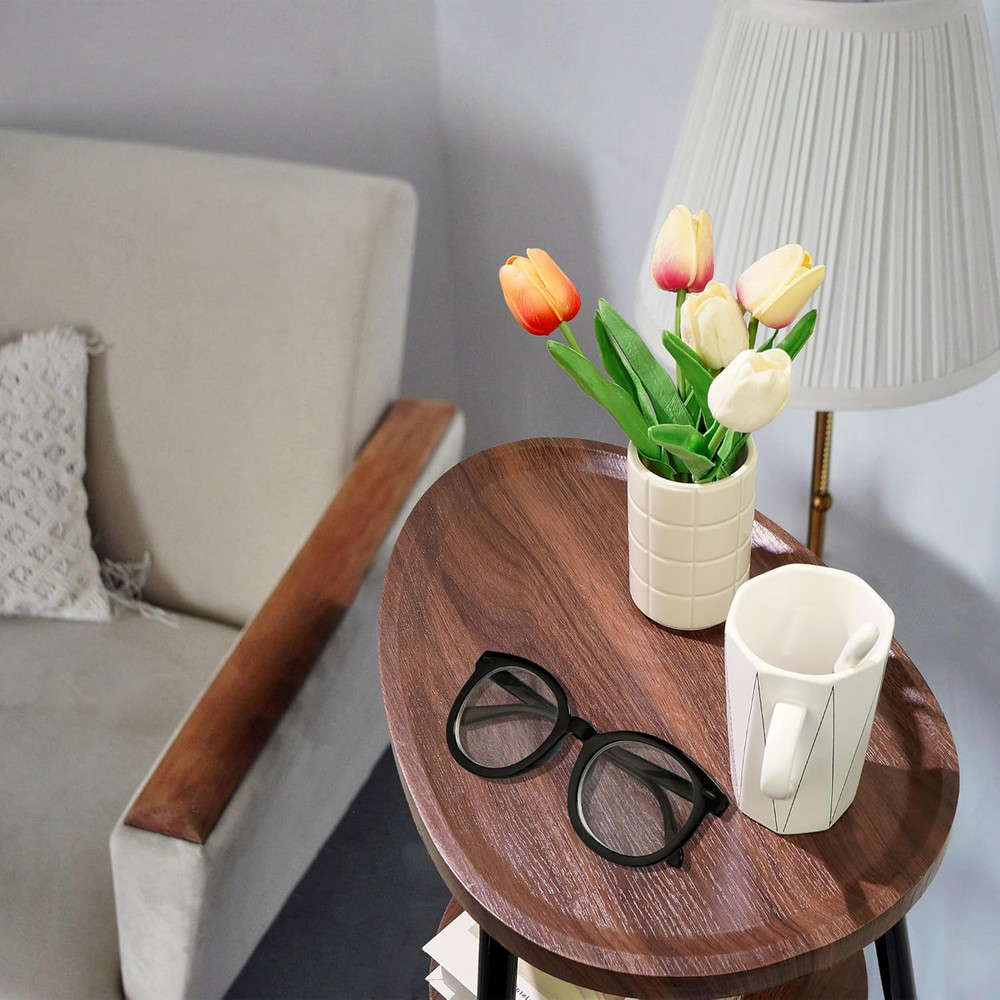 Small Oval Side Table with 2 Tier Storage - Rustic Brown Wood End Table with Met